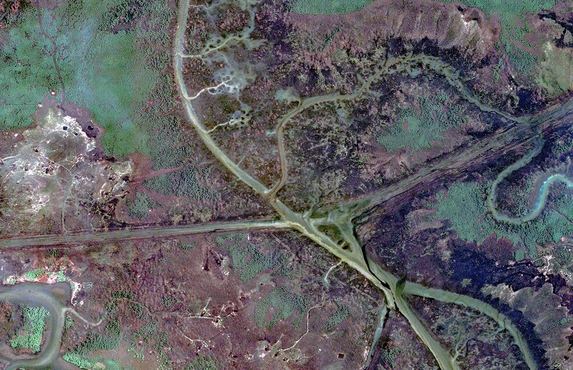 Aerial image of a landscape with a road or pipeline crossing through wetlands and vegetation, representing regulatory compliance with environmental health and safety.