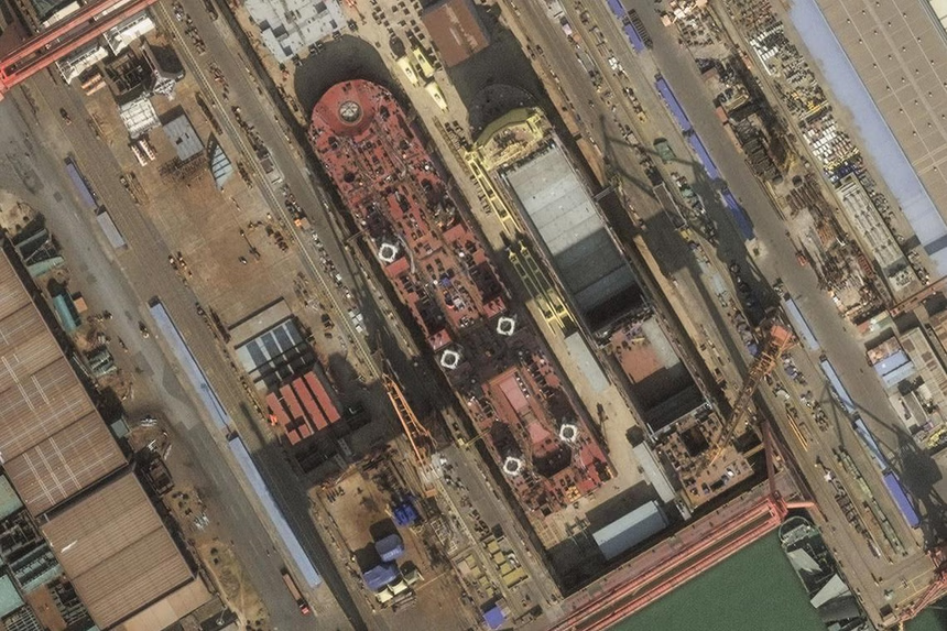 a landing barge under construction in a shipyard in Guangzhou, China, in January 2025